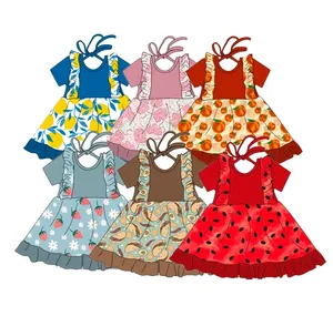 FuYu Good Selling Solid Color Blank Short Sleeve Top and Watermelon Fruit Design Halter Girls Dresses