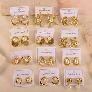 <span class=keywords><strong>Pendientes</strong></span> de Perlas Colgantes de Acero Inoxidable para Mujer, Bañados en Oro, con Diseño de Concha Grande y Estrella de Mar, de Venta Caliente - Product Image 1