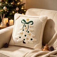 Housse de coussin personnalisée pour Noël, broderie nœud, beige et vert, avec pompons, pour décoration, vente en gros