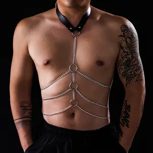 SHIXIN gothique noir PU cuir harnais métal joint torique chaîne licou poitrine chaîne pour hommes Gay Punk cubain croix chaîne bijoux de corps