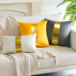 Fundas de almohada de terciopelo con costuras de cuero, funda de almohada cuadrada minimalista moderna, funda de cojín dorada y crema de lujo para sofá - Product Image 5