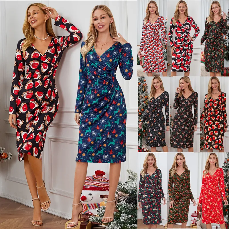 Neueste Frauen Dame rot böhmischen Weihnachten gedruckt Familie passend Langarm V-Ausschnitt lässig Kleid Muster für Weihnachten Familie