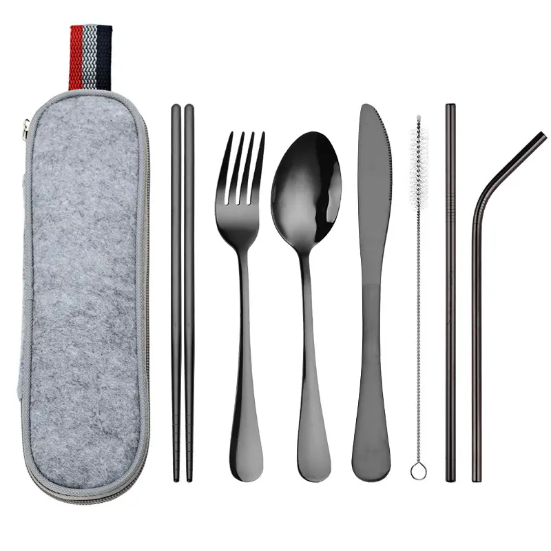 Hot sale 8Pcs stainless steel silverware set colored commercial cutlery reusable luxury travel cutlery set with Case