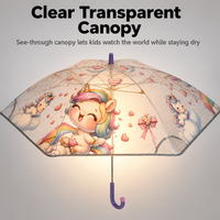 Parapluie transparent de sécurité pour enfants LS, à long manche, motif dessin animé, baleines en alliage, poignée en plastique, ouverture manuelle, vente en gros