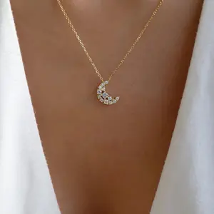 Geili Fashion 18k Gold Plated Bling Rhinestone Crystal Moon Pendant Necklace Hip Hops Cz Moon Necklace For Party