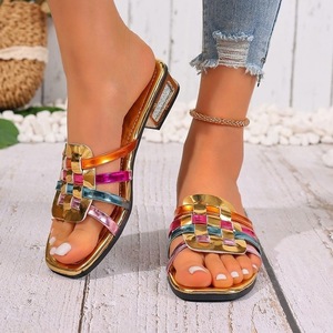 <b>Glitter</b> Metallic Colorful Woven Block Heel Mules Square Toe Slip‑On Women Summer Slide Sandals - Product Image 1