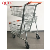 Chariot de courses pliable moderne à double plateau, 2 paniers, 80L, en acier zingué durable, avec roulettes de 5 pouces, antirouille - Grande Vente