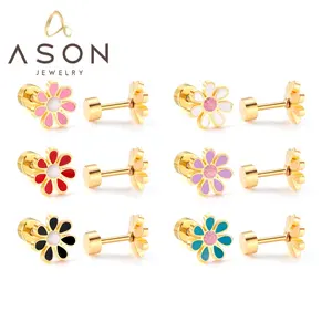 Ason Jewelry Fashion 18k Gold Plated Colorful Enamel Daisy Flower Shape Stud Earrings Stainless Steel Baby Srcew Earrings