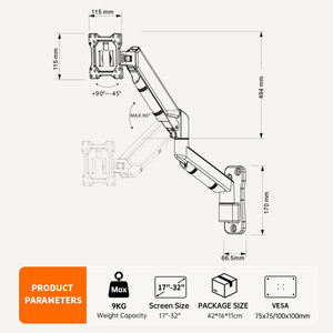 ขาแขวนจอเดี่ยว KHCOOHOO ทำจากโลหะผสมเหล็ก พร้อมระบบสปริงแก๊ส รองรับจอขนาด 13-32 นิ้ว มาตรฐาน VESA 75/100 รับน้ำหนักได้ 9 กิโลกรัม หมุนได้ 360 องศา เอียงได้ 45 องศา - Product Image 6