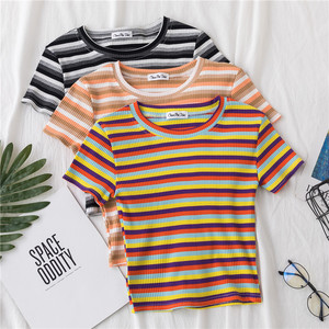 Nueva Camiseta para Mujer, Camiseta de Rayas Arcoíris, Camiseta Ajustada, Camiseta Harajuku, Camiseta de Verano de Manga Corta, Camiseta Coreana, Ropa Femenina - Product Image 5