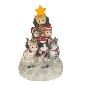 פסל עץ חג המולד חתול שרף להתאמה אישית עם נורות LED