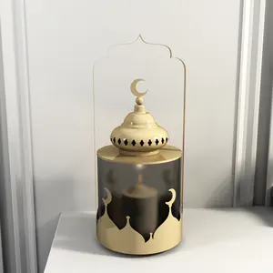 Nuevo diseño Ramadán musulmán Eid decoración Eid linterna Metal y acrílico vela dorada tarro portavelas para decoración del hogar