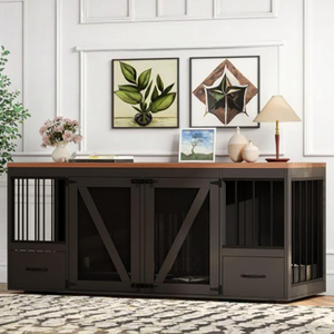 Besleyici çanaklar ile Modern oturma odası ahşap köpek sandık çıkarılabilir bölücü ile 2 köpekler için kapalı köpek kulübesi mobilya - Product Image 5