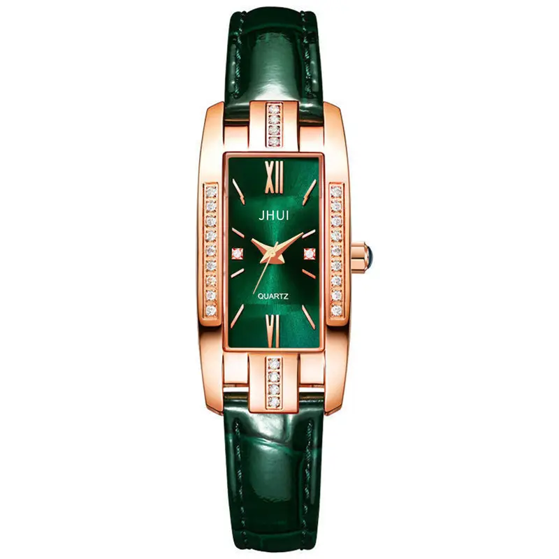 Jam Tangan Kuarsa Kotak Berlian Wanita, Arloji Baru WJ-10527 Trendi Kreatif Tali Kulit Hijau Mewah untuk Wanita
