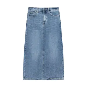 Женская джинсовая юбка с высокой талией, облегающая трапециевидная юбка средней длины с разрезом
