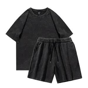 2023 일반 도매 T 셔츠와 반바지 세트 남자 특대 블랙 씻어 여름 캐주얼 짧은 세트 리조트 착용