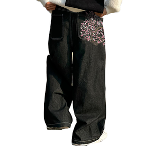 Quần Jean Nam Denim Đen Xước Phong Cách Vintage, Dáng Rộng, Có Thêu Logo Hoa - Product Image 1