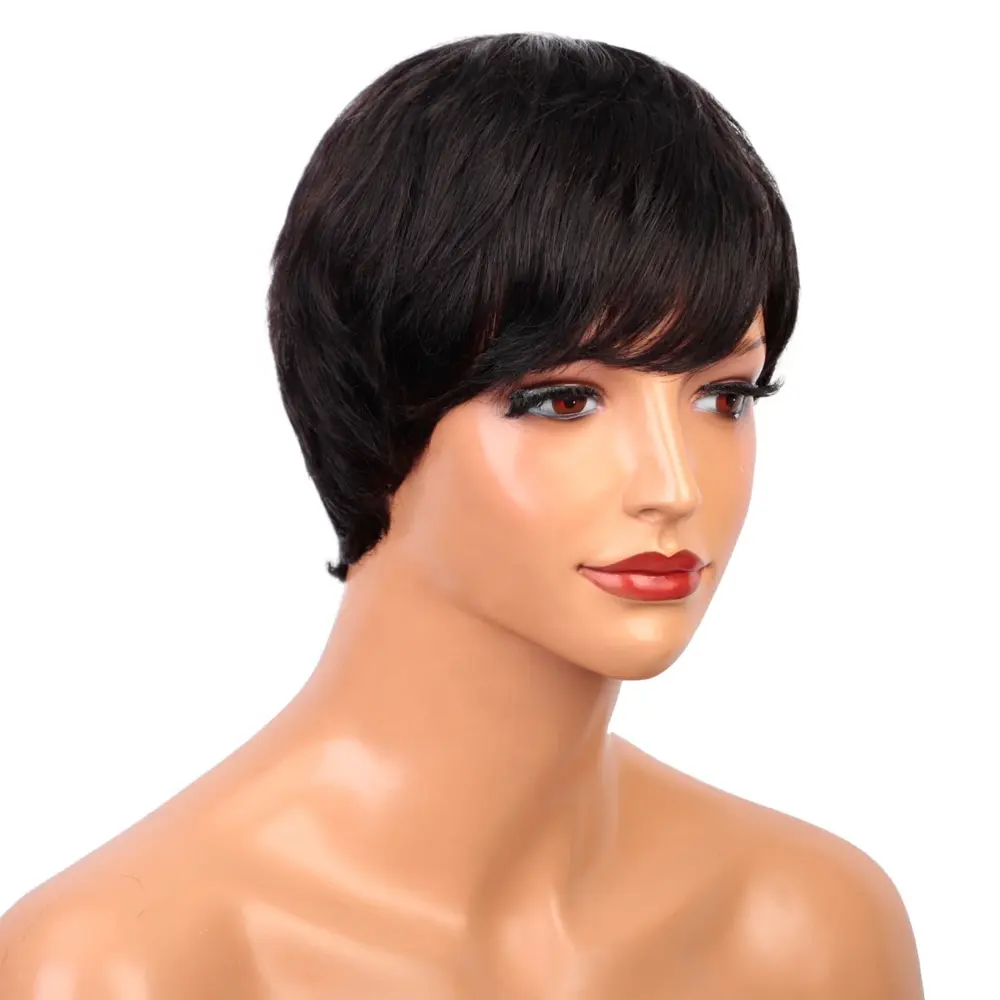 Perruques de cheveux naturels coupe Pixie, perruque courte noire sans dentelle avec frange, cheveux superposés, Style ondulé différent, perruques courtes pour femmes