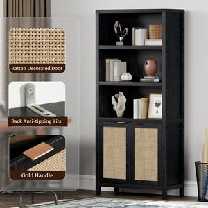 Librería Alta Negra Estilo Boho al por Mayor, Estantería de Madera con Puertas, Estantes Ajustables, Estilo Ratán - Product Image 2