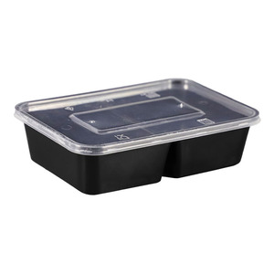 Disposable <b>Lunch</b> Box Double Compartment Rectangular Black With Lid Microwave Safe Takeout Packaging - Product Image 1