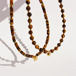 Niche vintage Maillard coffee color Tiger Eye Stone Gold Ball beaded necklace Fashion five-pointed star clavicle chain 707