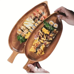 Japanese Style Wooden Leaf <b>Tray</b> Acacia Wood For Sushi <b>Snacks</b> Tea Serving Platter Hotel Use - Product Image 1