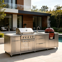 Meubles de cuisine d'extérieur étanches avec structure en acier inoxydable et plateau en quartz pour patio, jardin et terrasse de piscine