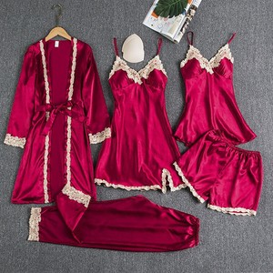 Pyjamas d'été en <span class=keywords><strong>satin</strong></span> pour femmes ensemble de peignoirs grande taille XL soie glacée vêtements de maison sexy avec jupe à bretelles ensemble de 5 pièces à manches longues - Product Image 4