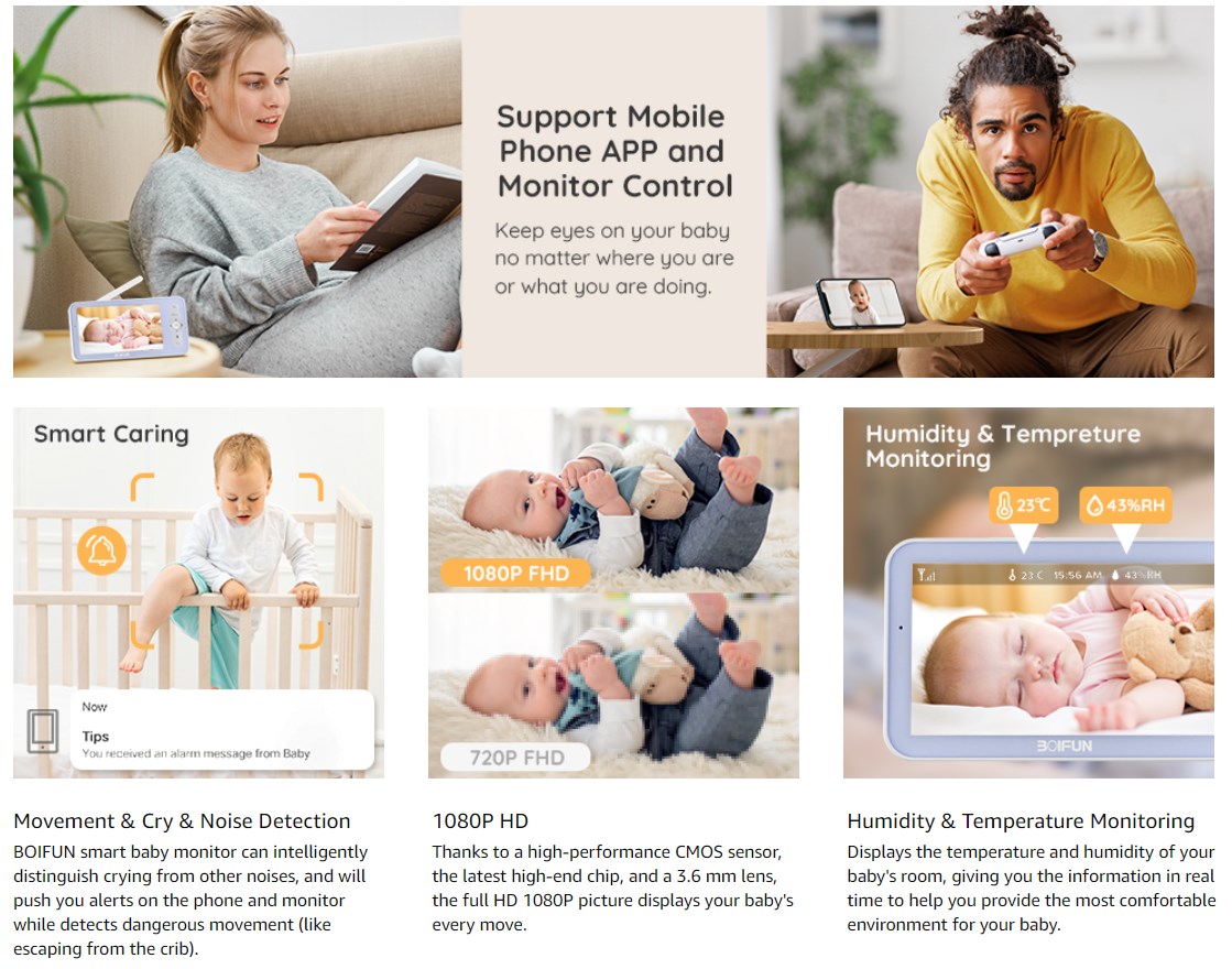 5 inch 1080P WIFI baby monitor support mobile phone and monitor