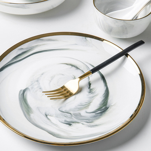 Assiette à dîner en marbre gris à bordure dorée pour restaurant hôtel maison plats ronds en céramique - Product Image 6