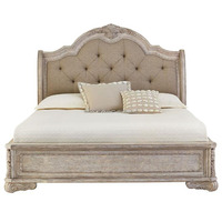 Lit capitonné en tissu de style provincial français, avec cadre en bois sculpté à la main, finition vieillie, disponible en tailles King et Queen pour chambre à coucher
