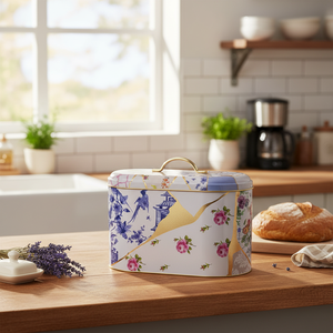 Kintsugi กล่องขนมปังโลหะ9.8L ลายดอกไม้เส้นสีทองพร้อมที่จับ178x338x200มม. และภาชนะบรรจุอาหาร - Product Image 3