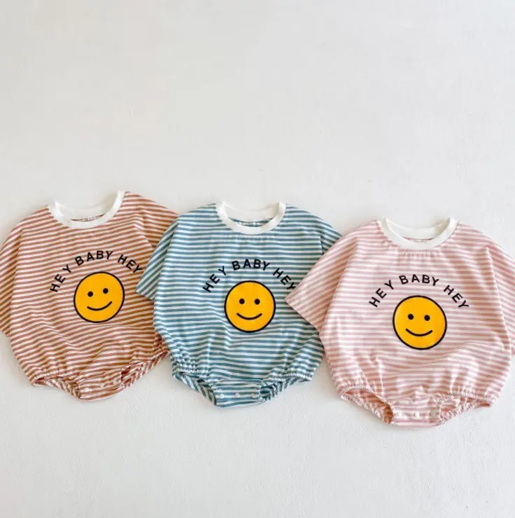 2021 summer baby children's one-piece baby girl cotton short-sleeved smiley print striped romper romper