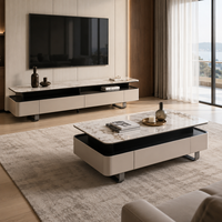 Ensemble table basse et meuble TV en marbre beige crème moderne, structure en bois massif, écologique, durable, robuste, plateau surdimensionné, finition personnalisée 1