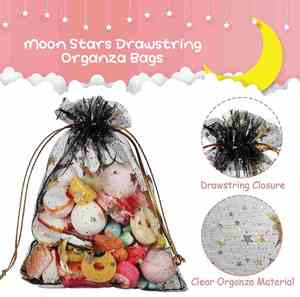 Sacs en organza transparent à cordon avec des étoiles et la lune, sacs à bijoux, sacs cadeaux, pochettes en organza avec des étoiles dorées pour les fêtes de mariage - Product Image 6