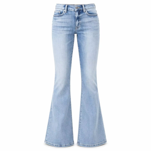 Jeans vintage bleu clair à effet vieilli, coupe bootcut, doux et élastiques, cinq poches, pour femmes - Product Image 3