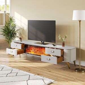 Mueble de TV de Madera Maciza Blanca de Lujo, Chimenea con Llama Simulada en 3D, Estufa Integrada, Decoración para Sala de Estar - Product Image 3