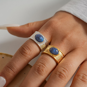 Latest Gold Plated Daily Wear Wave Texture Oval Natural Stone Open <b>Ring</b> Exaggerate Wide <b>Thick</b> Stainless Steel Opening <b>Ring</b> - Product Image 1
