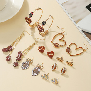 Heart-Shaped Football Stud Earrings With <b>Chain</b> Dangles For Women Sports Fashion Jewelry Set 8-Pair Pack - Product Image 4