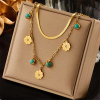 Kalung Liontin Berlapis Enamel Hitam Motif Bunga Turquoise Bulan Bintang untuk Pemakaian Sehari-hari, Dapat Ditumpuk, Cocok untuk Hadiah, Grosir