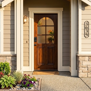 Puerta principal de estilo americano que combina paneles de madera y vidrio curvo, con una elegante cerradura inteligente para mayor seguridad. - Product Image 2