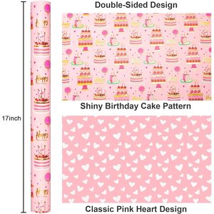 <b>Pink</b> Birthday Gift <b>Wrap</b> Roll 17x33 Feet Metallic Foil Cartoon Cakes Happy Birthday Design For Girls Party Craft Use - Product Image 3
