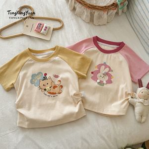 TongXingYuan Girls' Short Sleeve T-Shirt Cartoon Print Cotton Summer Top For Children Pink And Yellow Sleeves - Product Image 1