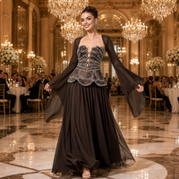 Robe de soirée saoudienne sans bretelles, ornée de perles, avec haut à volants, en mousseline de soie, longue, à manches évasées, pour femme, pour mariage, fête ou cérémonie