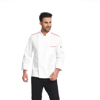Veste de chef à col montant avec logo personnalisé et passepoil rouge, manches longues, double boutonnage, uniforme de chef pour hôtel, restauration, boulangerie, avec tablier assorti