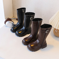 Bottes en cuir pour enfants, style chevalier, avec boucle métallique, fermeture éclair latérale, semelle épaisse antidérapante, bottes d'extérieur tendance pour tout-petits