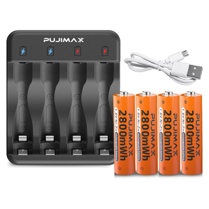 Carregador de bateria recarregável pujimax, conjunto de 4 peças de carregador aa 2800mwh <span class=keywords><strong>nizn</strong></span>, bateria de 1.6v/1.6v