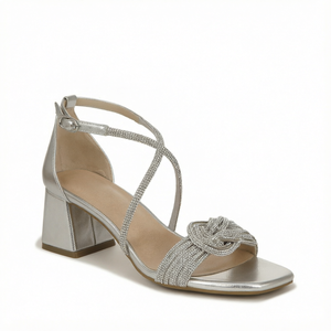 Sandalias de tacón plateadas con pedrería para mujer, punta cuadrada, con tiras, sin cordones, para verano - Product Image 1