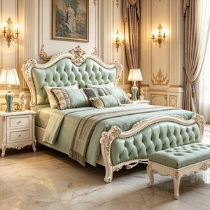 Lit classique européen en bois massif sculpté, avec cadre rembourré en cuir, taille King Size, ensemble de meubles de chambre de luxe pour villa, hôtel, maison - Product Image 3