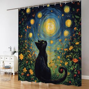ม่านอาบน้ำแมวสีดำตลก3D สีฟ้าคืนดาวดอกไม้ป่าดอกไม้ลูกแมวภาพท้องฟ้าสำหรับตกแต่งบ้านห้องน้ำ - Product Image 4